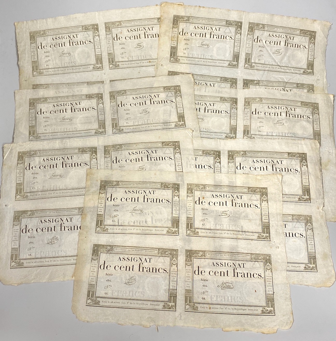 French Revolutionary banknotes, Republic Francaise, five uncut sheets of four Assignat de cent francs, 100 francs, 18 Nivose An III - 1795. (5 sheets)